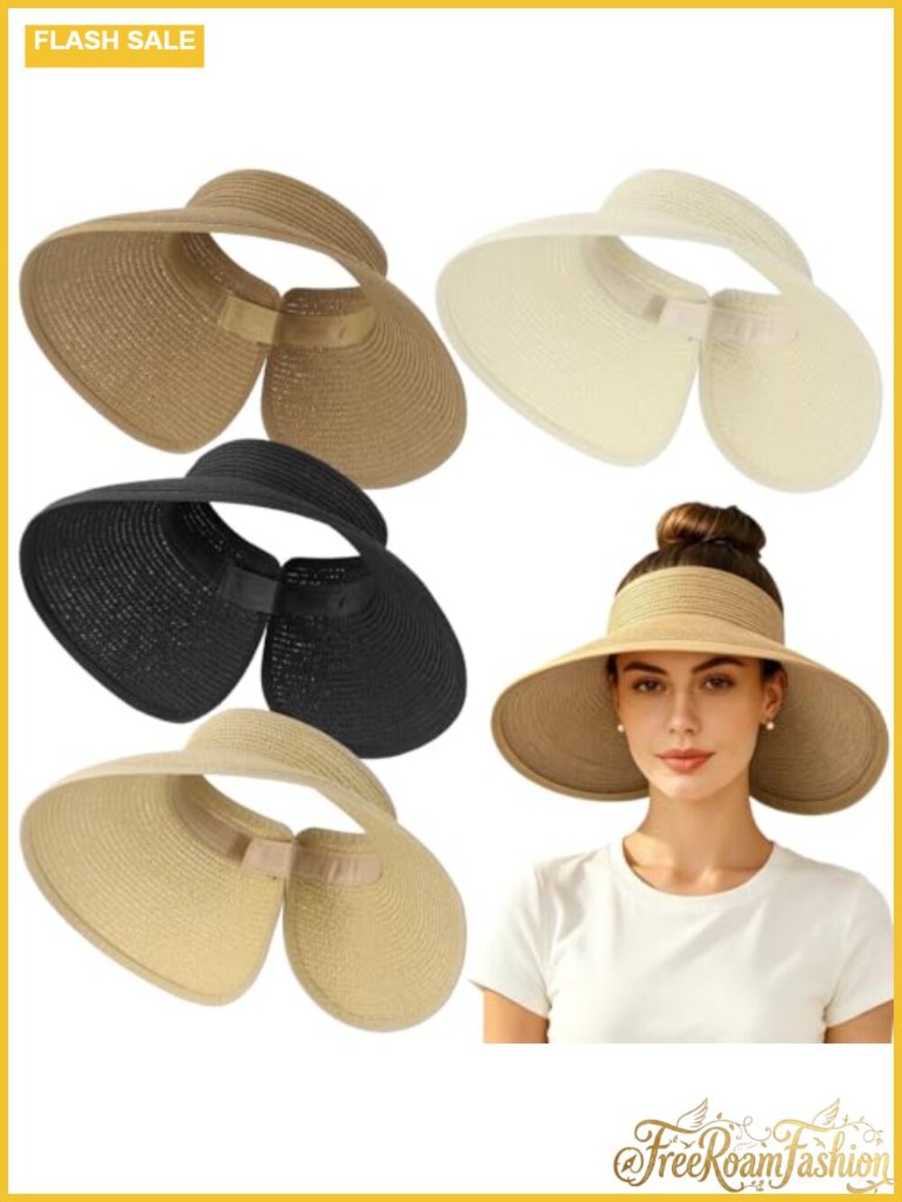 Paper Straw Sun Visor Hats for Women Foldable Wide Brim Ponytail Summer Beach